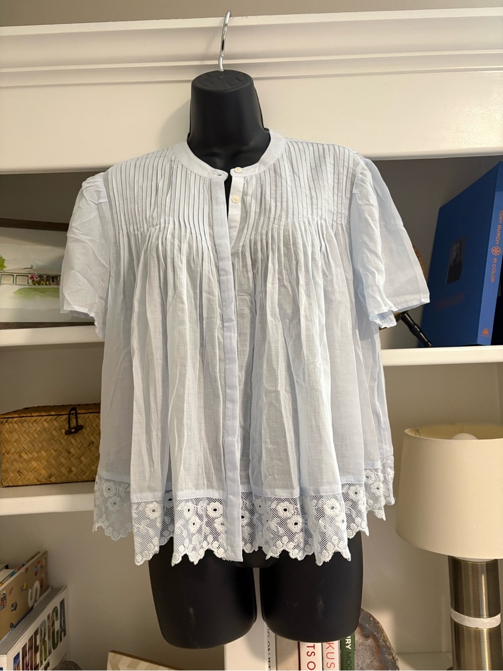 NWT J. Crew Pale Blue Pintuck Lace-Trim Short Sleeve Blouse - Picture 2 of 4